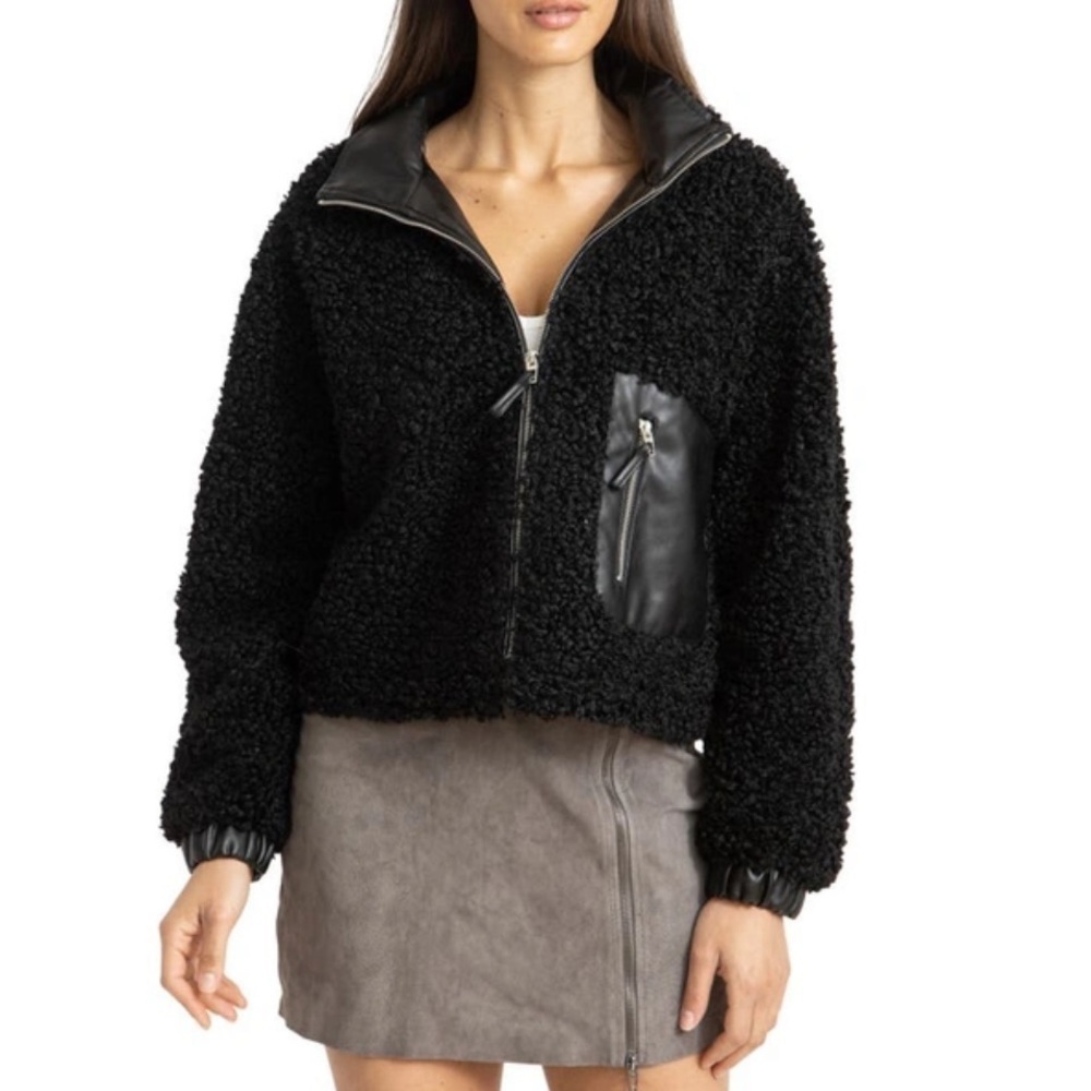 NWT Blank NYC Faux Shearling Jacket w/ Faux Leather Accents in Black